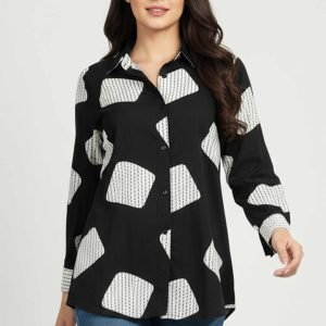 Black & White Geometric Printed Rayon Shirt Top With Collared Neckline