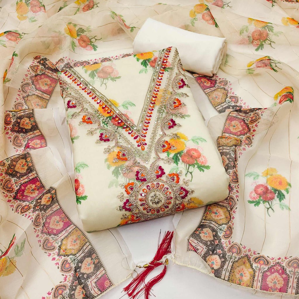 Cream Floral Digital Print Dress Material With Sequins & Cording Embroidery On Chanderi Silk