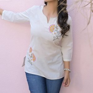 Cream Floral Embroidered Pure Cotton Flex Straight Top