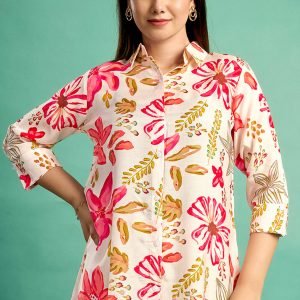 Cream & Pink Floral Printed Muslin Straight Top