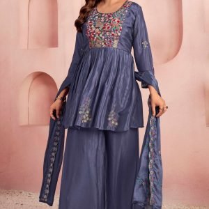 Dark Purple Viscose Chinon Salwar Suit with Handcrafted Floral Embroidery