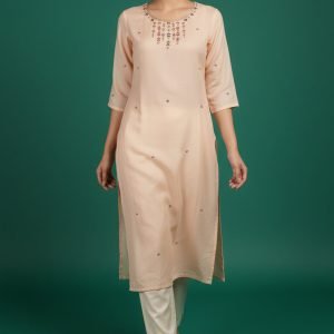 Festive Peach Viscose Rayon Salwar Suit with Straight Cut and Neck Handwork