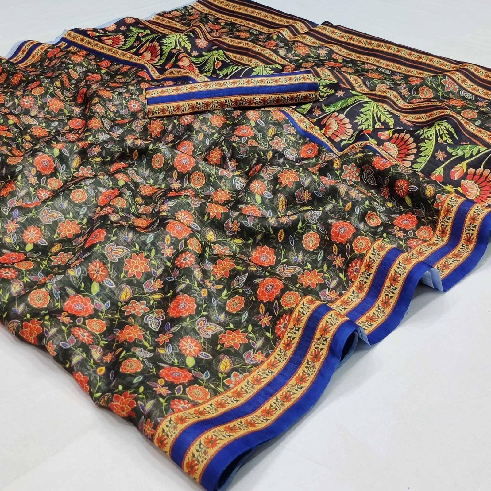 Green Floral Printed Pure Cotton Saree