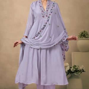 Grey Floral Embroidery With Handwork Viscose Anarkali Salwar Suit