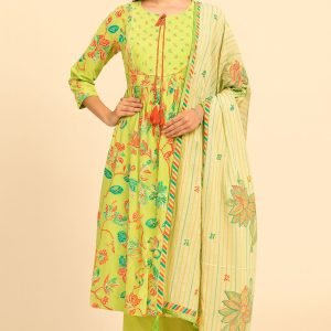 Light Green Pure Mulmul Cotton Salwar Suit with Delicate Floral Prints and Neckline Handwork