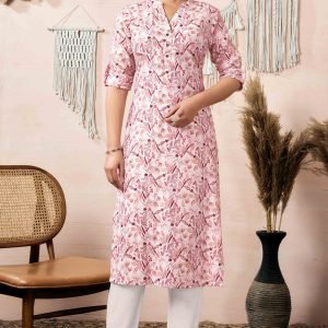 Off White & Wine Floral Printed Pure Cotton Slub Straight Kurti