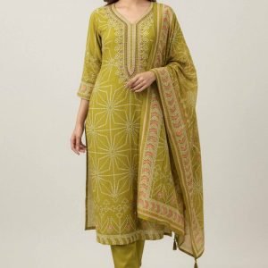 Olive Bandhani Print Pure Muslin Straight Suit with Handcrafted Bead Work