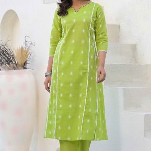 Parrot Green Floral Printed Cotton Top Bottom Set with Neck Detailing