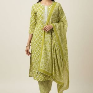 Parrot Green Floral Printed Pure Cotton Straight Cut Salwar Suit