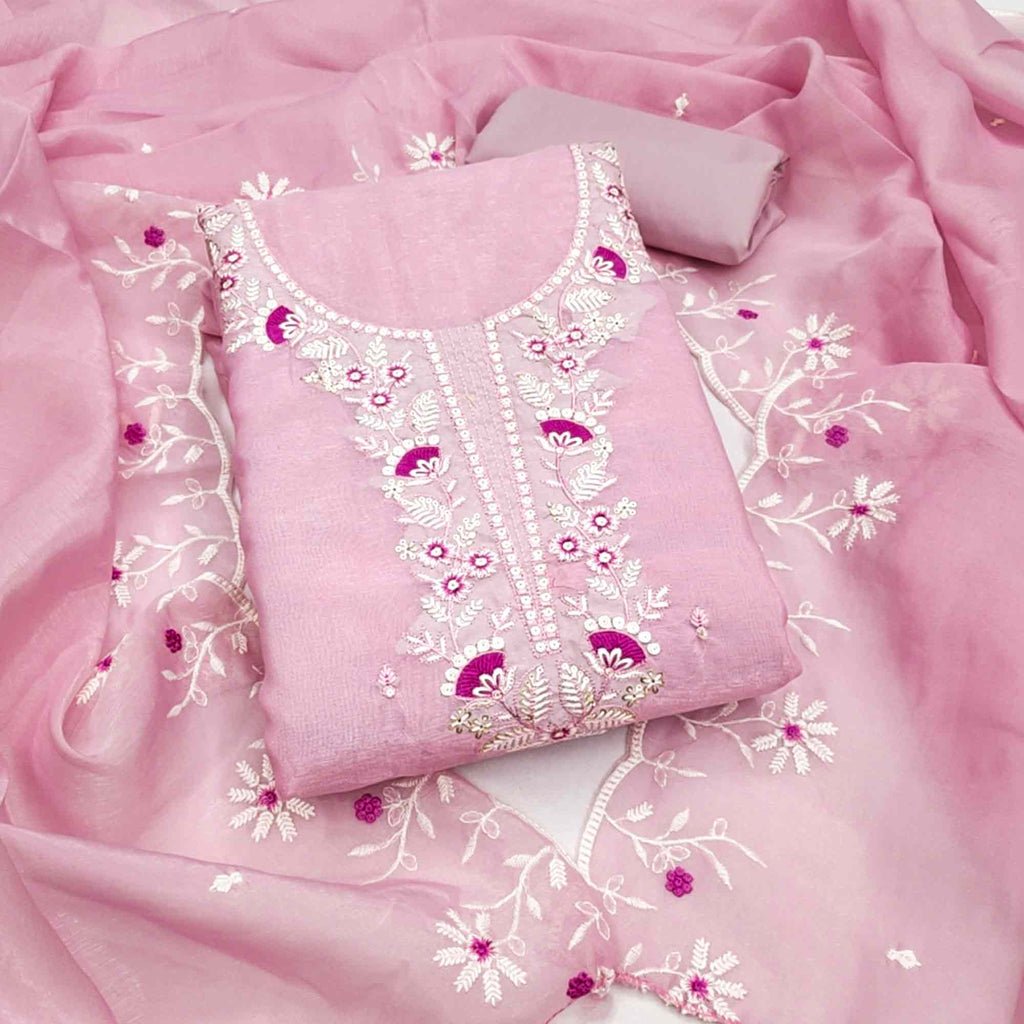 Pink Art Silk Dress Material With Graceful Floral Thread Embroidery & Sparkling Sequins