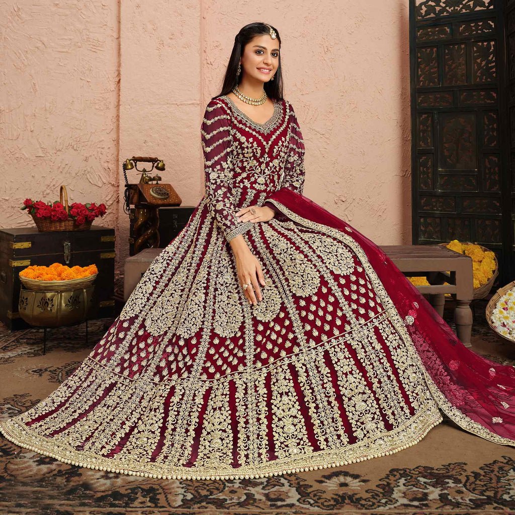 Pink Floral Embroidered Net Anarkali Suit