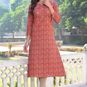 Red Floral Printed Pure Cotton Straight Kurti
