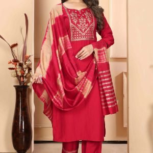 Red Yoke Embroidered Viscose Straight Salwar Suit