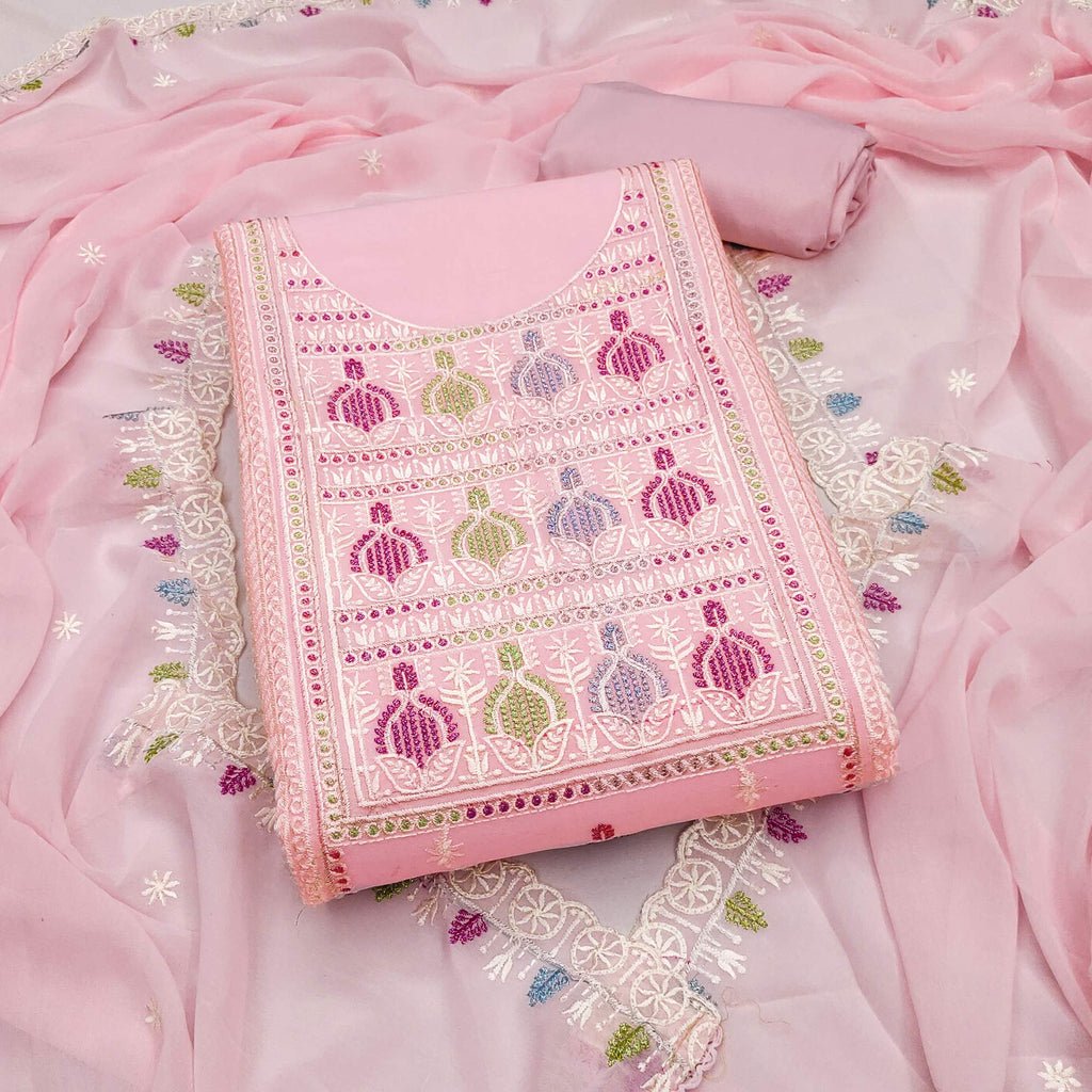 Sophisticated Pink Georgette Dress Material Accented With Ornate Floral Thread Embroidery