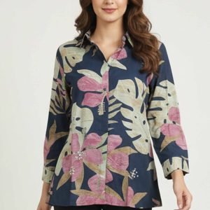 Trendy Blue Floral Muslin Shirt Top With Smart Collared Neck & Button Down Front