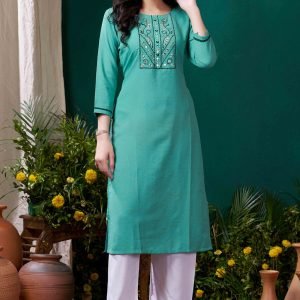 Turquoise Yoke Embroidered Pure Cotton Straight Kurti
