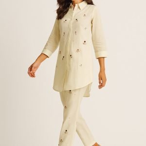 Viscose Cambric Cotton Two-Piece Set in Off White with Fine Embroidery