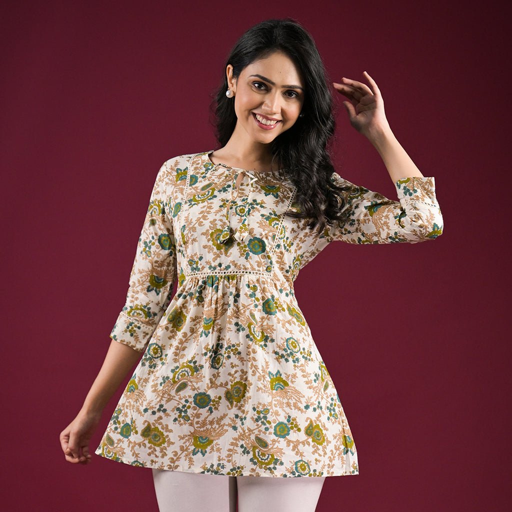 White Floral Printed Pure Cotton A-Line Top