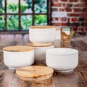 White Gold Set Of 4 White & Beige Embossed Porcelain Round Bowl With Wooden Lid