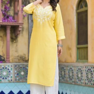 Yellow Floral Embroidered Viscose Rayon Straight Top Bottom Set