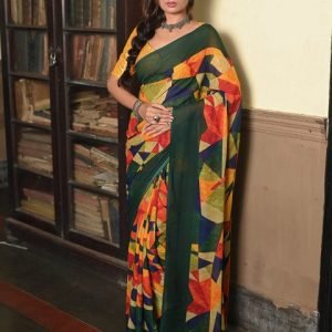 Mira Rustic Green & Orange Coloured Geometric Printed Saree