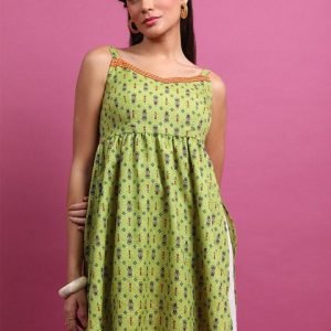KETCH Green & Orange Floral Printed Shoulder Straps A-Line Tunic