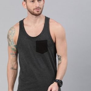 Hipster Men Charcoal Grey Melange Solid Scoop Neck Cotton T-shirt With Racer Back