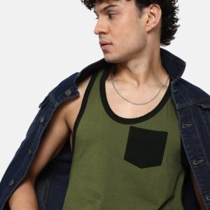 Hipster Men Olive Green & Black Solid Scoop Neck Racerback T-shirt