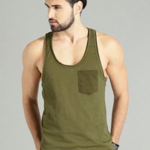 Hipster Time Travlr Men Olive Green Sleveless Pure Cotton T-shirt with Raw Edges